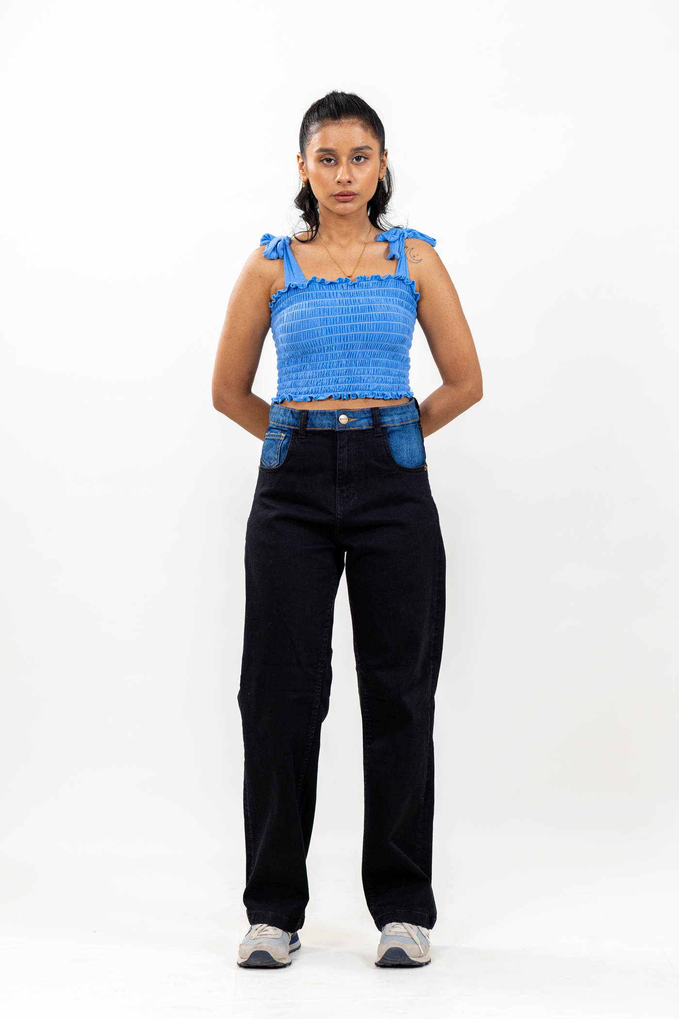 Sarah Black Blue Waistband Straight Fit